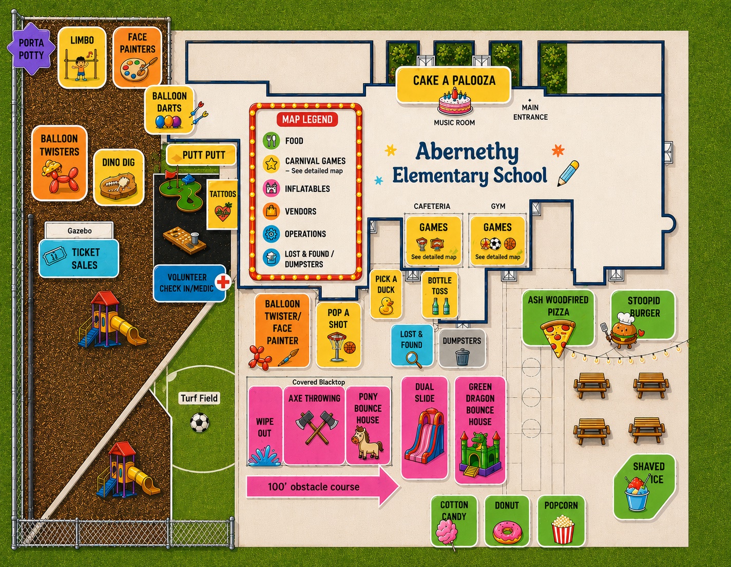 Map of the Abernethy carnival grounds — inflatables, games, food, and operations laid out across the school yard
